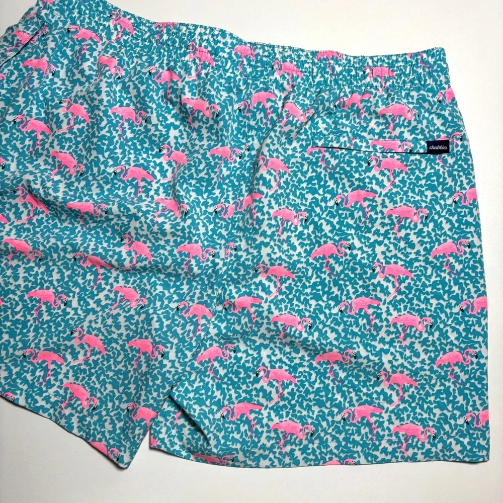 Chubbies Teal Flamingo Swim Trunks Mens XXL Lined Preppy Blue Swim Bathing Suit